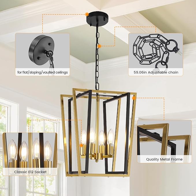 WJShome Industrial 4 Lights Chandelier, Black and Gold Lantern Ceiling Light Fixtures, Adjustable Height Farmhouse Geometric Hanging Light for Kitchen Island, Dining Room, Entryway