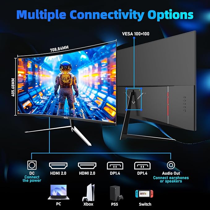 Gaming Monitor, Curved Computer Monitor 32'', Curved Gaming Monitor QHD(2560x1440) 180Hz, Curved Monitor w/Multi-Window, R2800, HDR, FreeSync, 1ms Display, Eye Care|Anti-Glare,PC Monitors Black