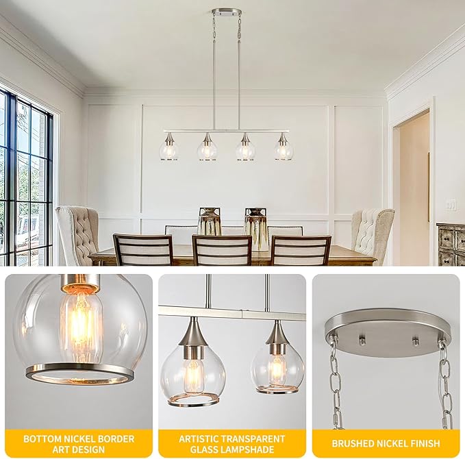 Island Light for Kitchen, 4-Light Brushed Nickel Island Pendant Lighting with Clear Round Glass Shades for Kitchen, Dining Table, Living Room