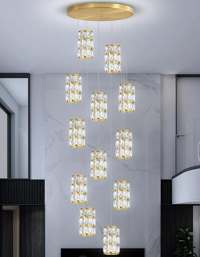12-Lights Modern Crystal LED Dimmable for Staircase Foyer High Ceiling Chandeliers Hallway Gold
