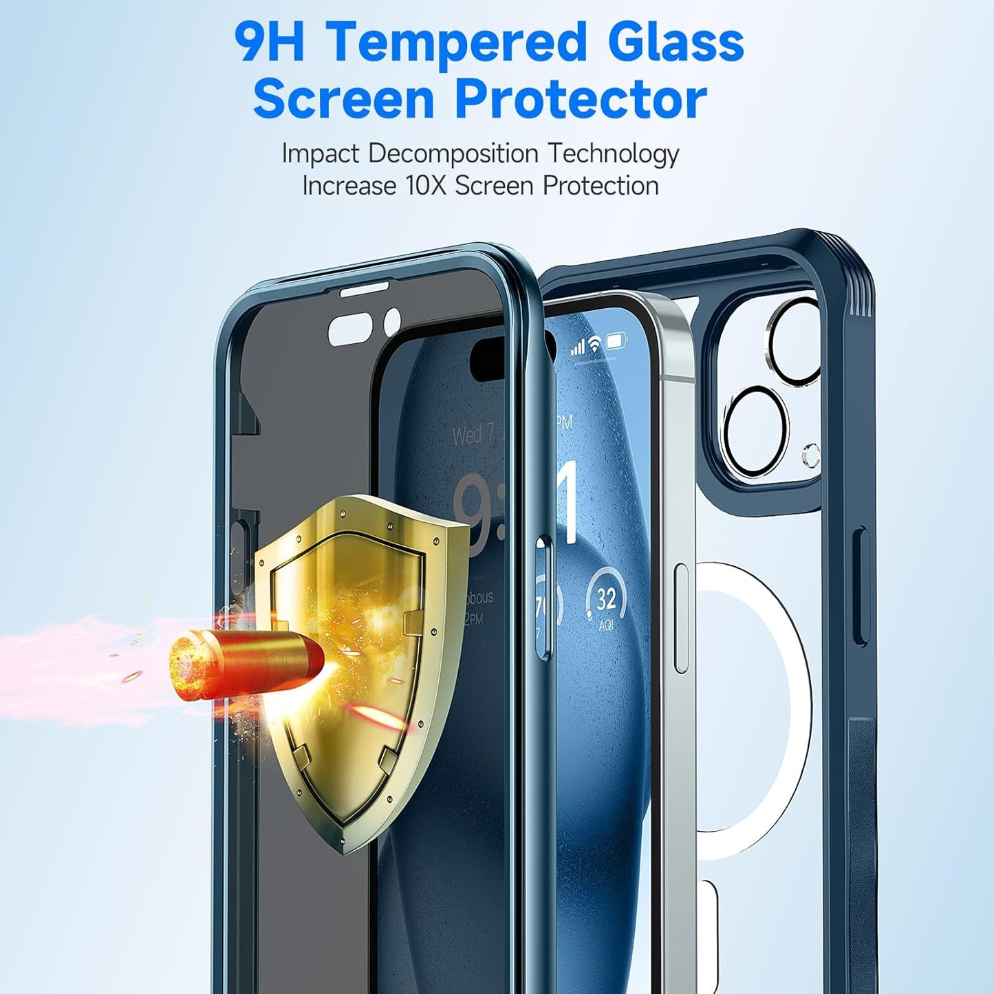 seacosmo for iPhone 15 Plus Case, Full Body Bumper with Built-in 9H Tempered Glass Privacy Screen Protector and Camera Lens Protector, Compatible with MagSafe, Shockproof Phone Cover, 6.7", Blue
