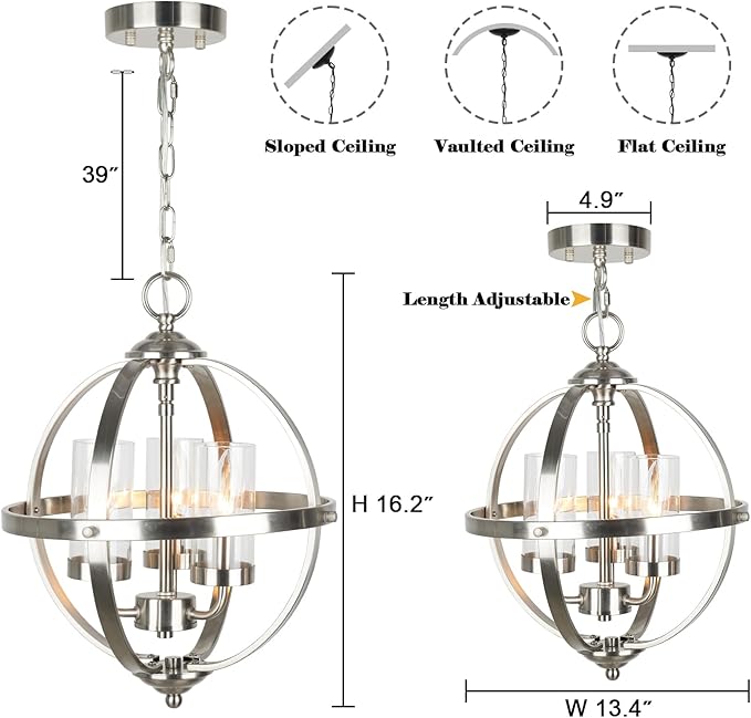 Treekee Chandeliers for Dining Room, 13.4'' Nickel Modern Orb Chandelier, 3-Light Hanging Light Fixture, Adjustable Pendant Light Fixture for Living Room Entryway Foyer