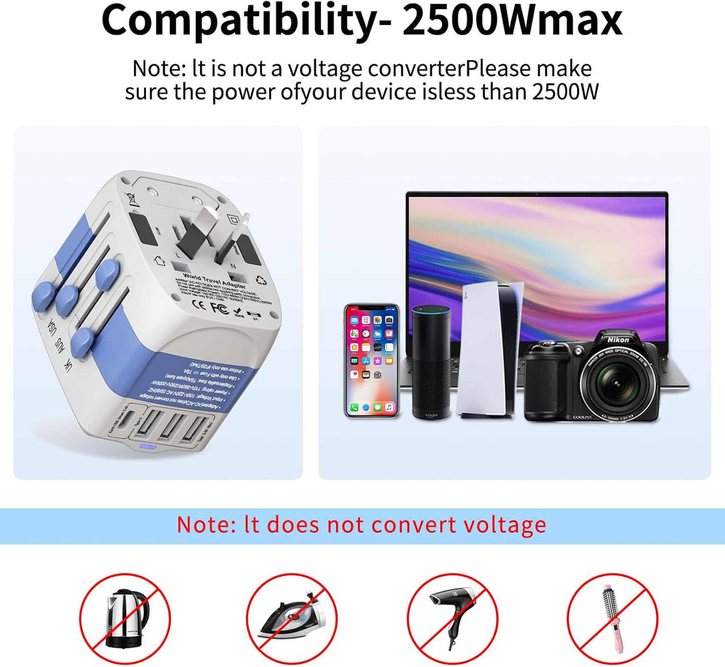 Universal Travel Adapter,International Plug Adapter,WAUDM All in One Universal USB Travel Power Adapter with 3 USB Port and Type-C for Multi-Nation Travel US EU UK Australia