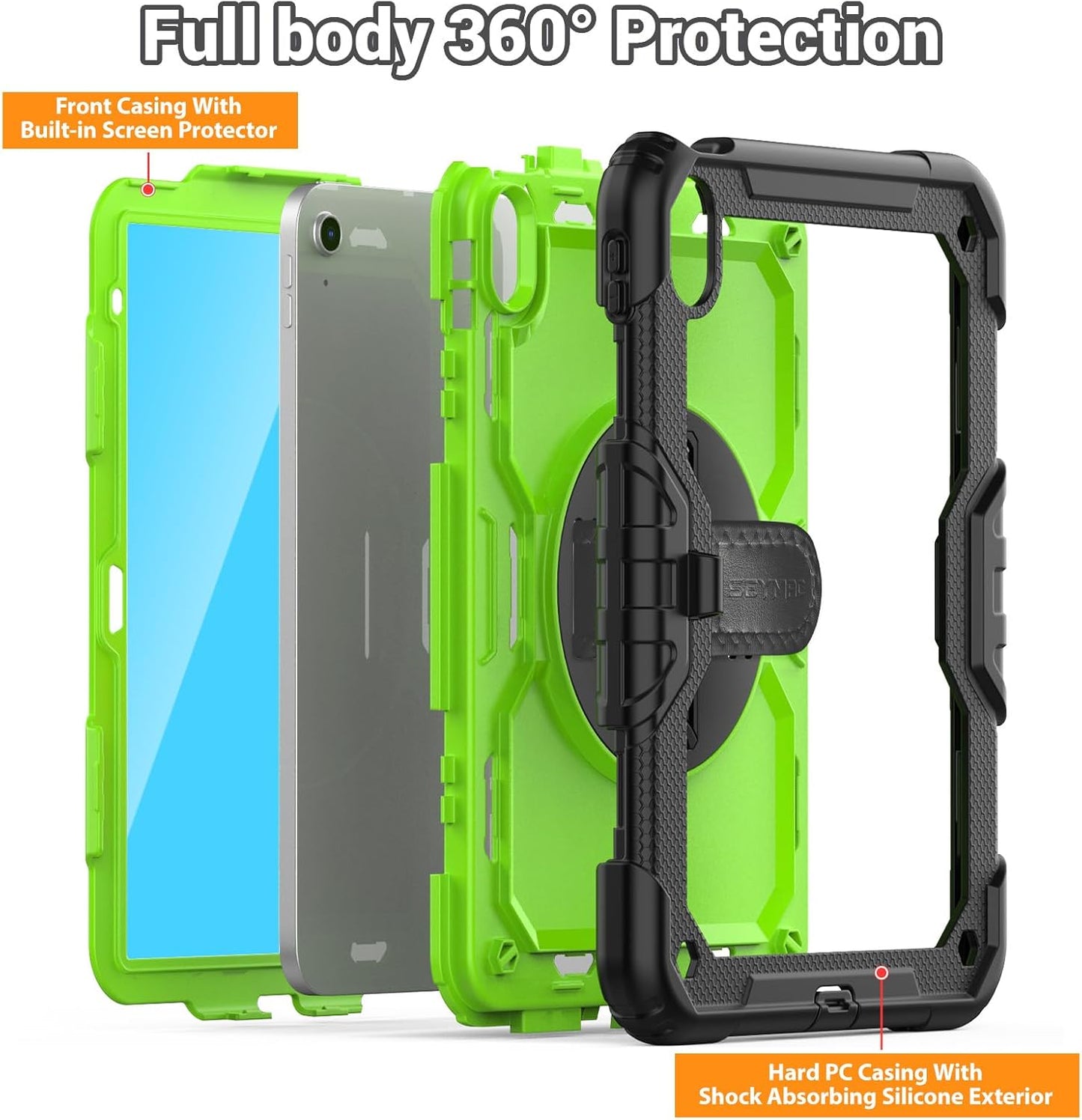 SEYMAC Case for iPad (A16) 11th/10th Generation 2025/2022 (11″/10.9″), Sturdy Heavy Duty Full-Body Shockproof Protective Case with Screen Protector, Rotating Stand, Hand/Shoulder Strap, Black/Green