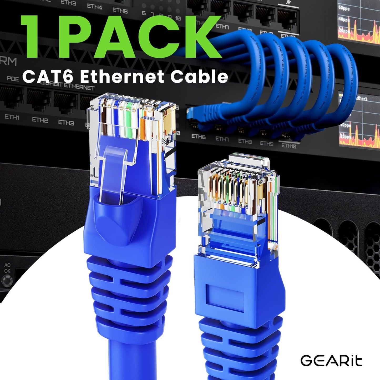GEARit Cat 6 Ethernet Cable (1-Pack 75 Feet) Cat6 Network Patch, 10Gbps, RJ45, Snagless Cord, Gold-Plated Connectors, Internet for PC, TV, Tablet, Router, Printer, Servers, IT Data Center - Blue