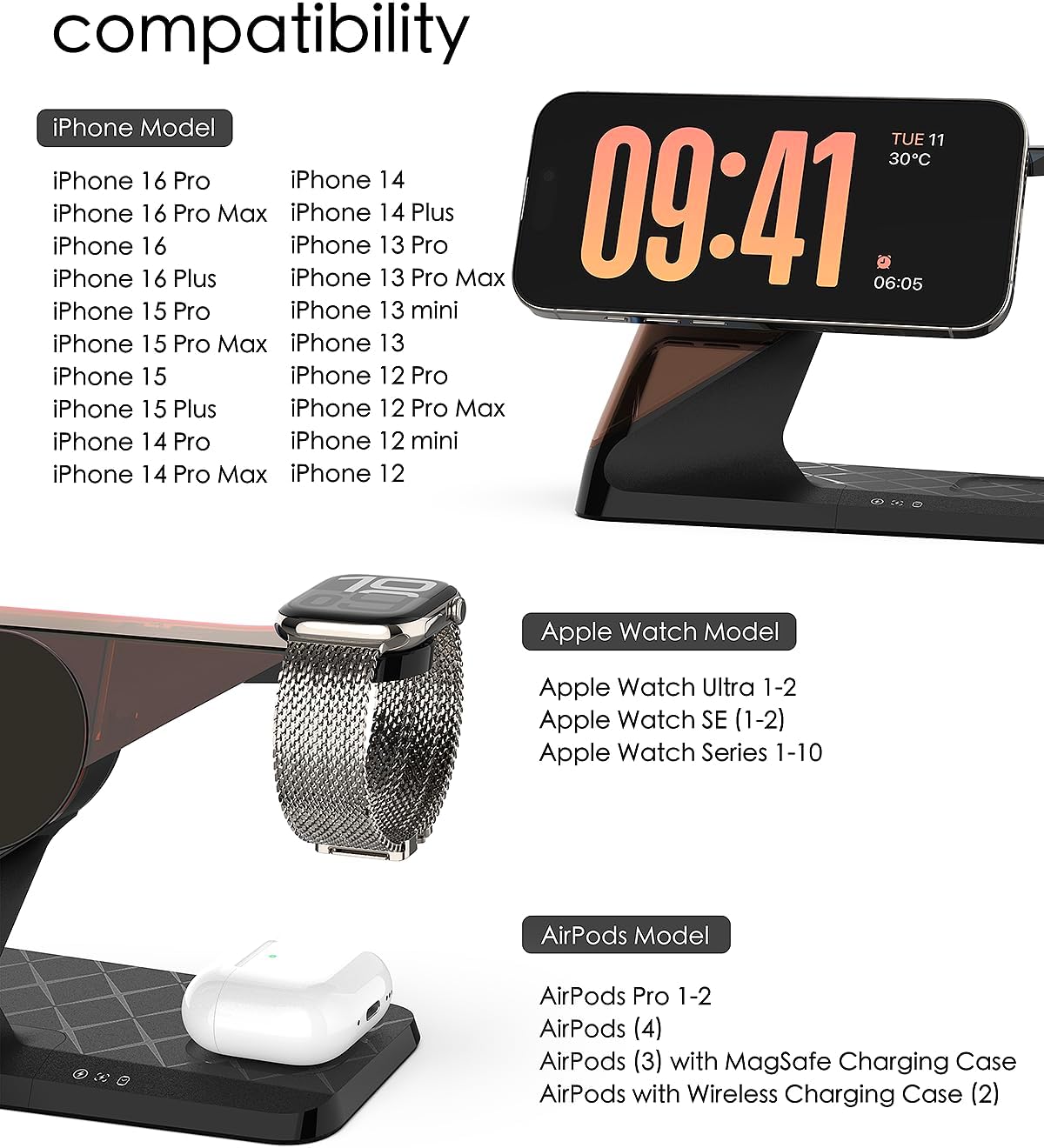 3 in 1 Charging Station for Apple Devices, Mag-Safe Charger Stand, Wireless Charger for iPhone 16/15/14/13/12 Series,& AirPods,& iWatch, Adapter Not Included