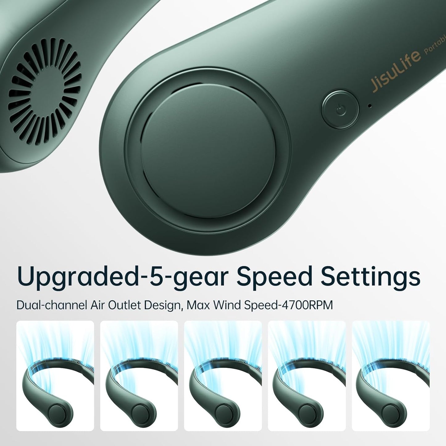 JISULIFE Portable Neck Fan, Hands Free Bladeless Fan, 5 Speeds, 4000 mAh Battery Operated Wearable Personal Fan, Twistable, Rechargeable, Gift for Women Men-Dark Green
