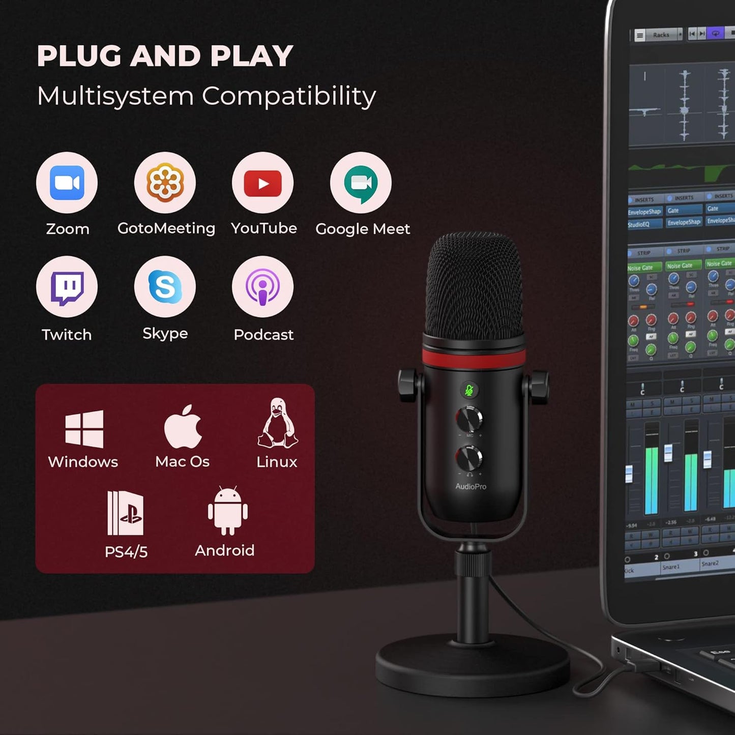 AUDIOPRO USB Microphone, Computer Condenser Gaming Mic for PC/Laptop/PS4/5, Headphone Output, Volume Control, USB Type C Plug and Play, LED Mute Button, for Streaming, Podcast, Studio Recording