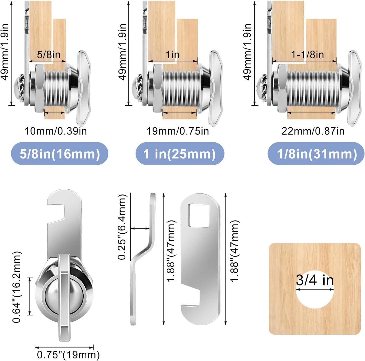 Thumb Operated Offset Cam Lock, 5/8" Cylinder Fits on 3/8" Max Door Thickness, Non-Locking Cam Lock for RV Compartment Storage Door, Cabinets, Drawers (5/8 Inch 3Pack)