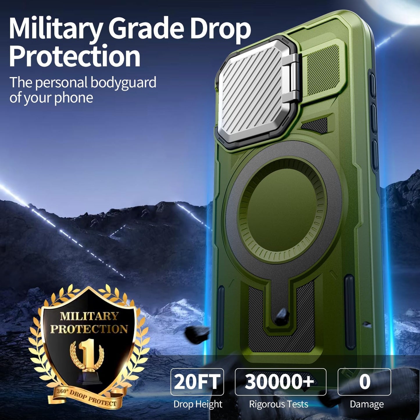 Camera Stand Case for iPhone 15, [Compatible with Mag Safe] [Lens Cover] 2024 Version Military Grade Protective Soft Case for iPhone 15 6.1 inch Men Women, Green