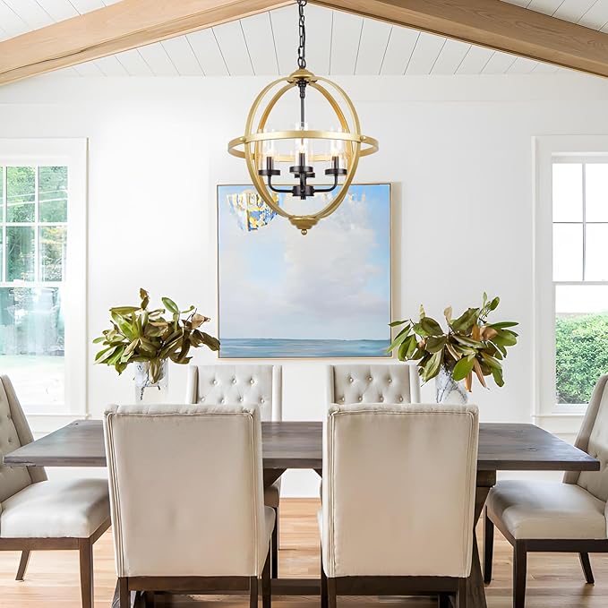 Treekee Chandelier Farmhouse Hanging Lighting, 4-Light Globe Orb Chandelier, Adjustable Modern Farmhouse Pendant Light Fixture for Dining Entryway Foyer, Gold
