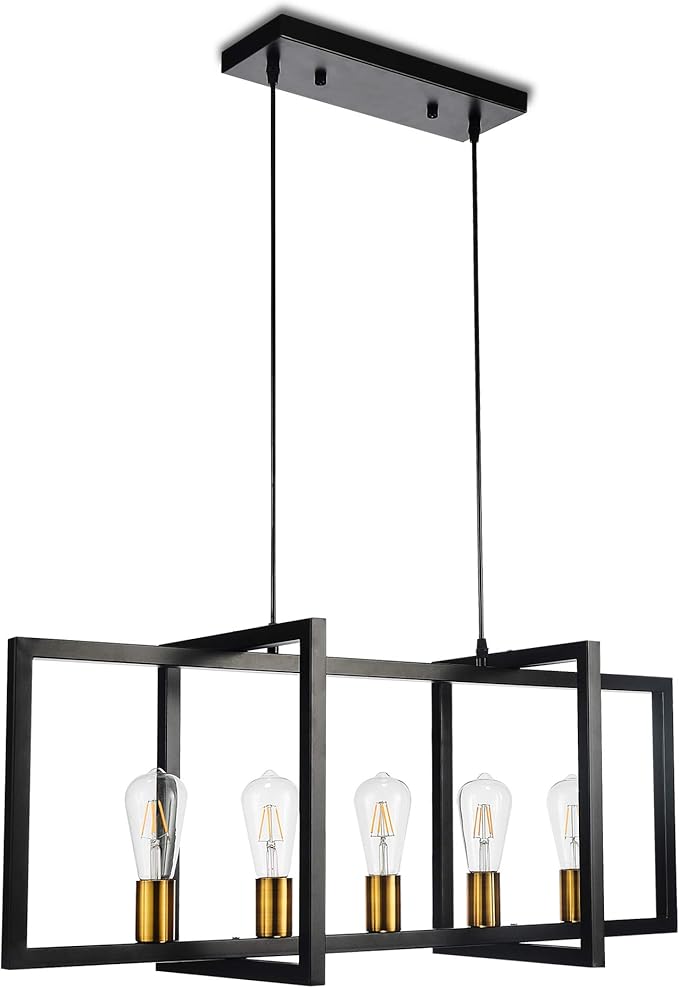 SomSom Modern Kitchen Island Light for Kitchen Pendant Chandelier 5-Light Ceiling Light Industrial Pendant Lighting Fixture Matte Black with Antique Brass Finish