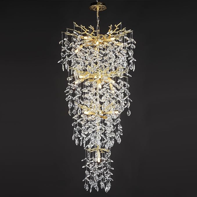 YUYI 47'' Long Crystal Chandelier for High Ceiling, 25-Light Modern Gold Tree Branch Chandelier, Large Chandeliers for Staircase Foyer Entryway Living Room, 4-Tier Luxury K9 Raindrop Light Fixture