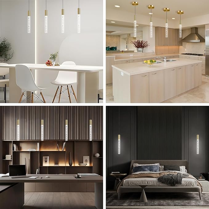 Modern Gold Pendant Light Fixture, 1-Light 3-Color LED Pendant Lighting Acrylic Cord Adjustable Ceiling Hanging Lights for Kitchen Island Living Room Bedroom Dining Room (3 Pack)