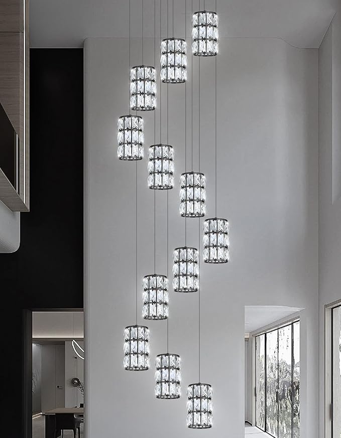 12-Lights Modern Crystal LED Dimmable for Staircase Foyer High Ceiling Chandeliers Hallway Black