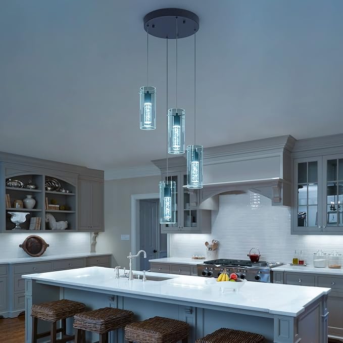 Black Pendant Lights, Modern Pendant Light Kitchen Island Pendant Light Fixtures, Modern Island Light with Bubble for Kitchen, Dimmable Kitchen Chandelier Light Fixture (20W, 4-Light)