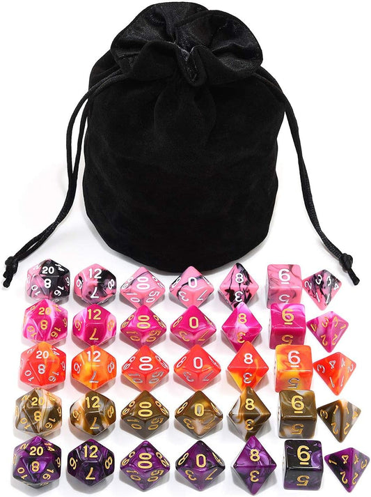 Assorted 5 Colors Polyhedral Dice Set for Dungeons and Dragons RPG Table Games with Black Drawstring Pouch