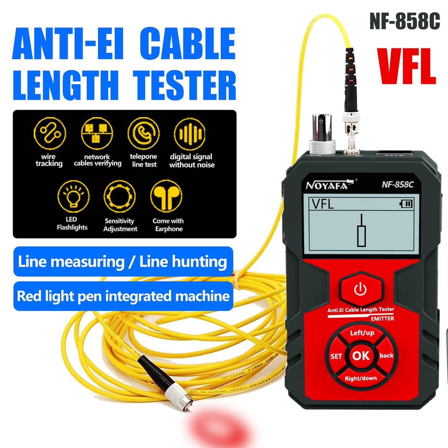 NOYAFA NF-858C Network Cable Tester Multifunctional with VFL Function,RJ11 RJ45 BNC,POE Voltage Testing Trace Cable Line Locator for Telephone/Ethernet/LAN Coax Cable Rechargeable Anti-Interference