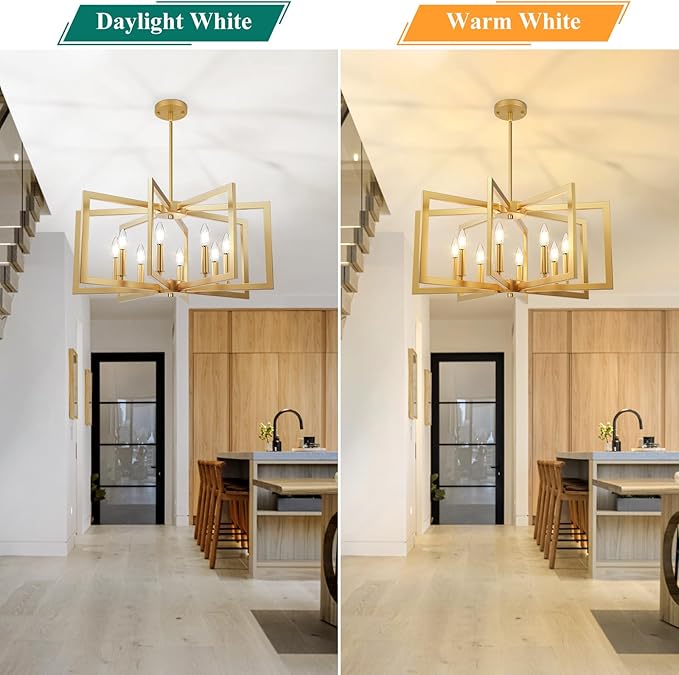 8-Light Gold Chandelier, Farmhouse Dining Room Light Fixture, Modern Chandelier, Geometric Industrial Metal Hang Lighting Fixture for Foyer Entryway Kitchen Over Table Hallway Living Room