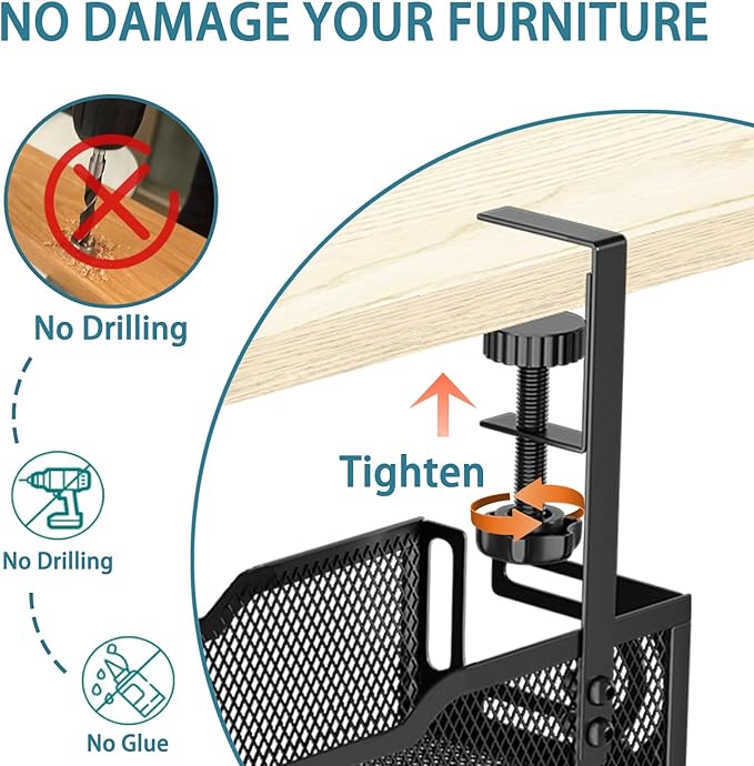 2Pack Under Desk Cable Management Tray, No Drill Mesh Desk Cable Tray, Wire Management Tray Cable Management Rack, Wire Organizer and Cable Management Box (Black)