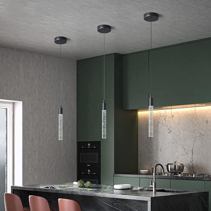 Modern Kitchen Island Pendant Light Dimmable LED Black Finish Mini Crystal Pendant Lighting Bedroom Bedside Table Small Pendant Lights（2-Pack）