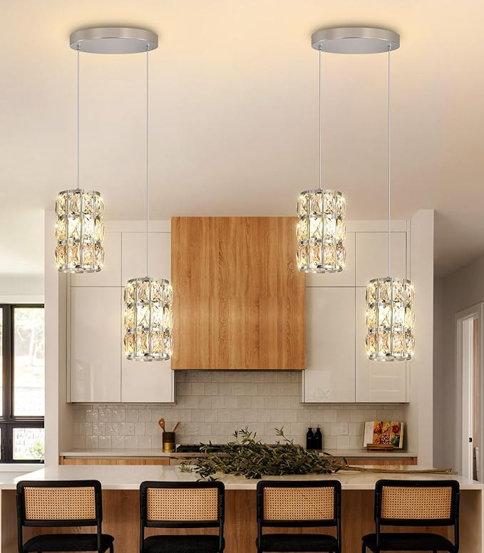 2-Lights Modern Crystal Pendant Lights for Kitchen Island LED Dimmable Glam Pendant Lighting Chandelier for Dining Room Hallway Corner Lamp Nickel