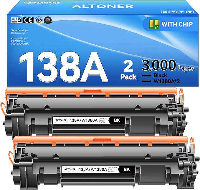 138A Toner Cartridge 2-Pack W1380A Black (with Latest Chip) – High-Capacity Replacement Compatible for HP Laser Jet Pro 3001dw 3001fdw MFP 3101fdw 3101sdw 3,000 Page Yield | 138A Monochrome