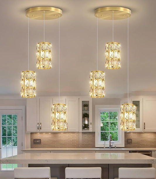 3-Lights Modern Crystal Pendant Lights for Kitchen Island LED Dimmable Glam Pendant Lighting Chandelier for Dining Room Hallway Corner Lamp Gold