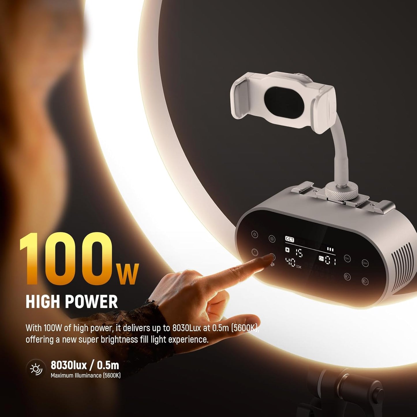 NEEWER 19" 100W High Power LED Ring Light with Tripod Stand & 3 Phone Holders Compatible with iPhone, 2900-7000K CRI97+ App&2.4G Control Lighting for Selfie Video Recording Makeup Streaming, RH100B