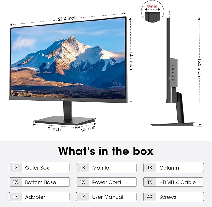 KOORUI 24 Inch 144Hz IPS Computer Monitor Full HD 1920 x 1080p Ultra-Slim Display with HDMI VGA, Adaptive Sync, 99% SRGB, VESA 100x100mm, Eye Care, Tilt, Black, E2411K