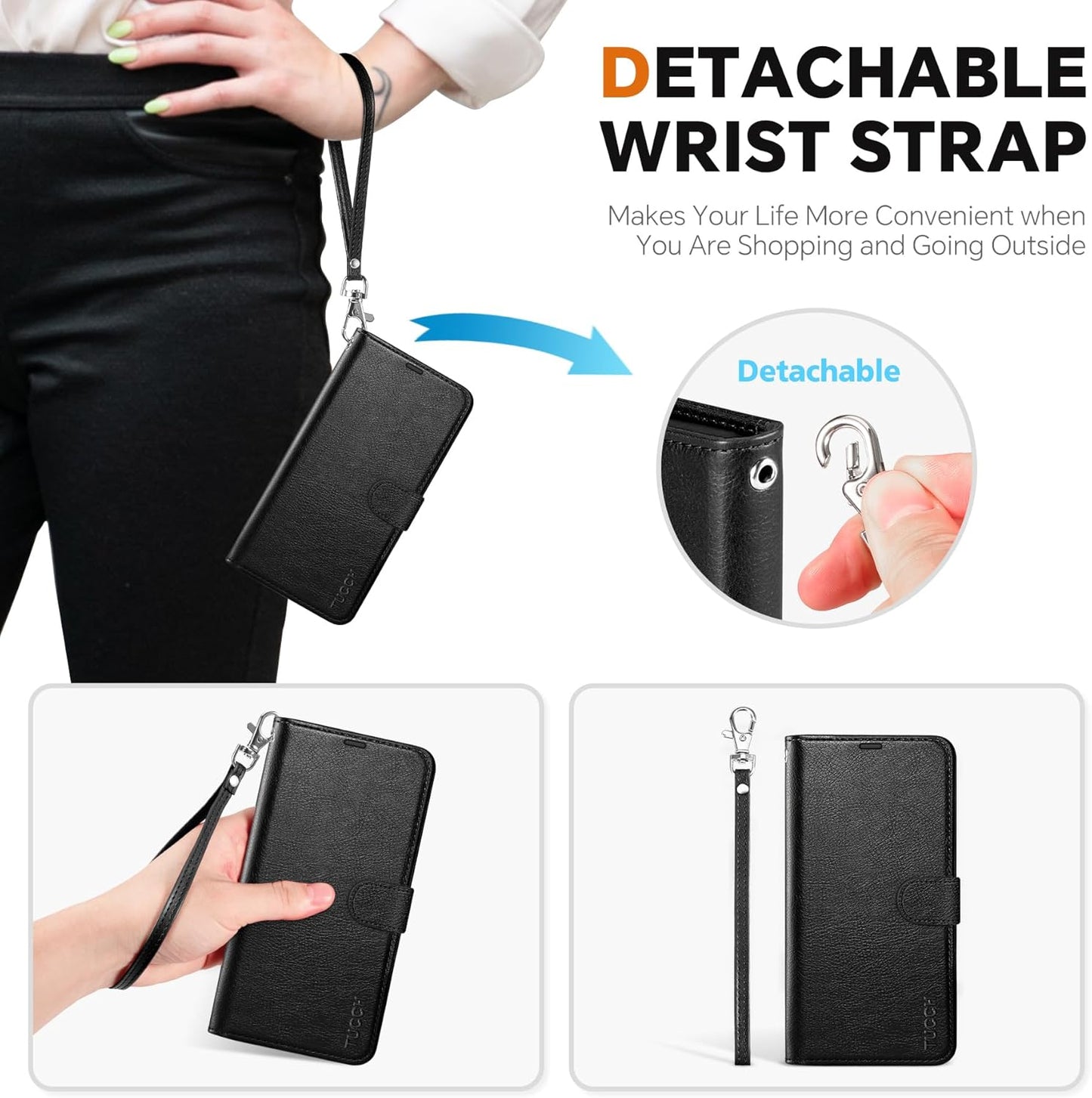 TUCCH Wallet Case for Galaxy S25 Edge, [Removable] [Wireless Charging] Wrist Strap RFID Blocking [4 Card Holders] PU Leather Cover, Magnetic Detachable Stand Folio for Galaxy S25 Edge, Textured Black