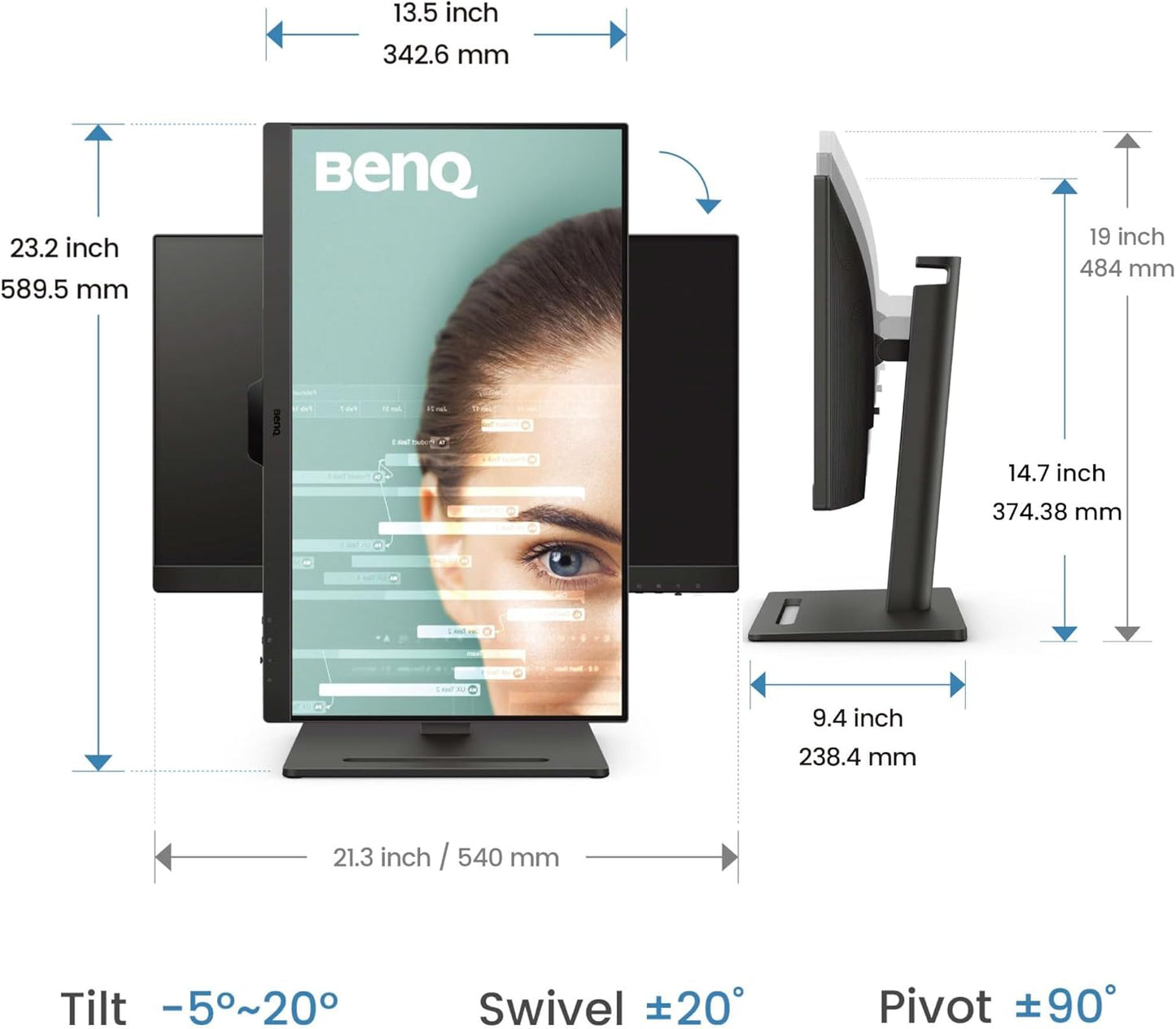 BenQ GW2490T 24" Monitor 100Hz FHD 1920x1080p | IPS | Vertical Monitor | Eye-Care | Thin Bezel | Height & Tilt Adjustable | DisplayPort | HDMI x2