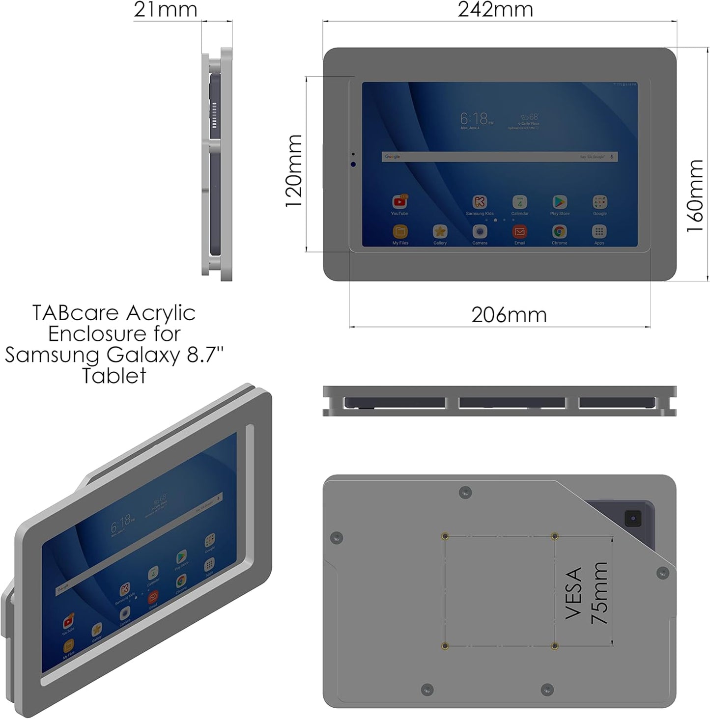 TABcare Anti-Theft Acrylic VESA Enclosure for Galaxy TAB A7 Lite 8.7" SM-T220 Tablet with Free Wall Mount Kit & 90-Degree Angle USB C Cable (TAB A7 Lite, Black)