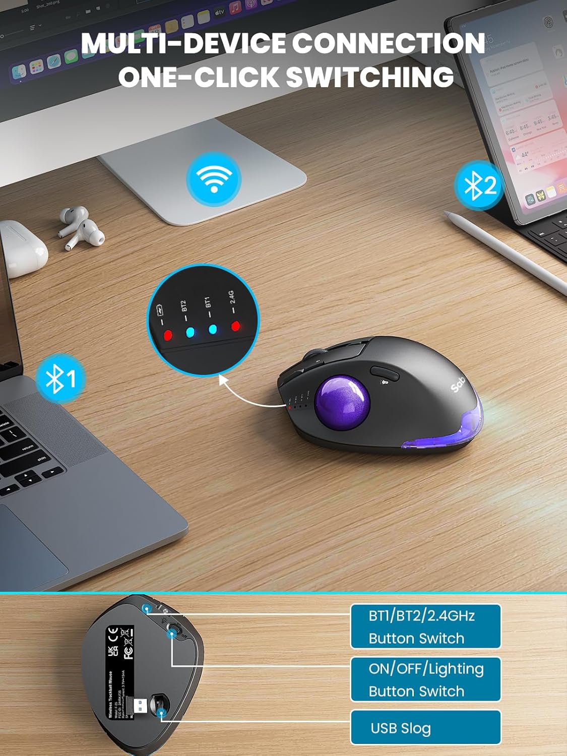 Wireless Trackball Mouse, Ergonomic Bluetooth Rechargeable Computer Mouse, Backlit Rollerball Thumb Laptop mice with 5 Level DPI, Adjustable Angle, 3 Devices Connection for PC, Windows - Purple Ball
