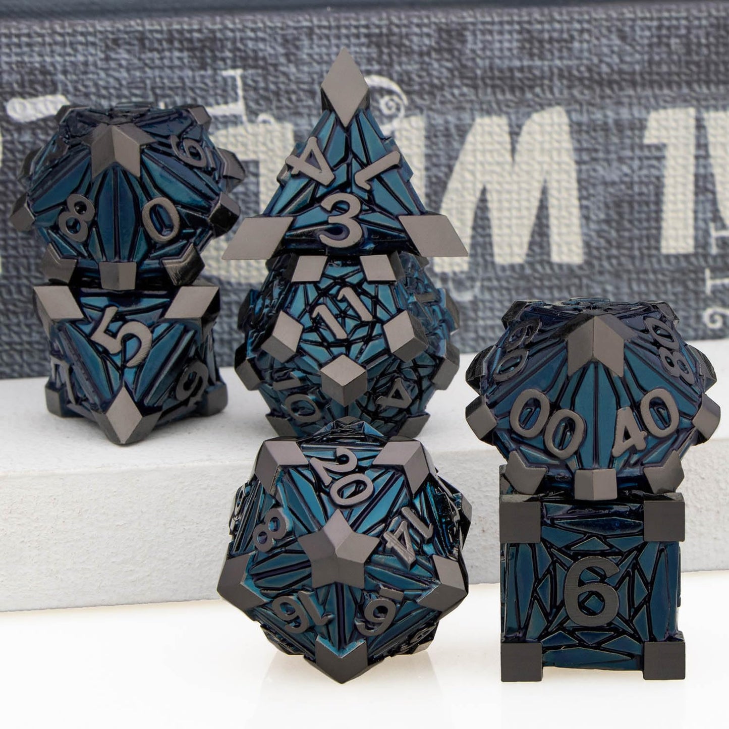7PCS Metal DND Dice Set with Box, Debris RPG Black Blue D and D Dice for use with D&D Tabletop Games Role Playing Game Polyhedral Dice Set D20 D12 D10 D8 D6 D4