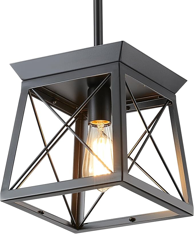 HuixuTe Black Farmhouse Pendant Lights, Industrial Kitchen Island Lighting, Rectangle Linear Cage Chandeliers for Kitchen, Dining Room Table