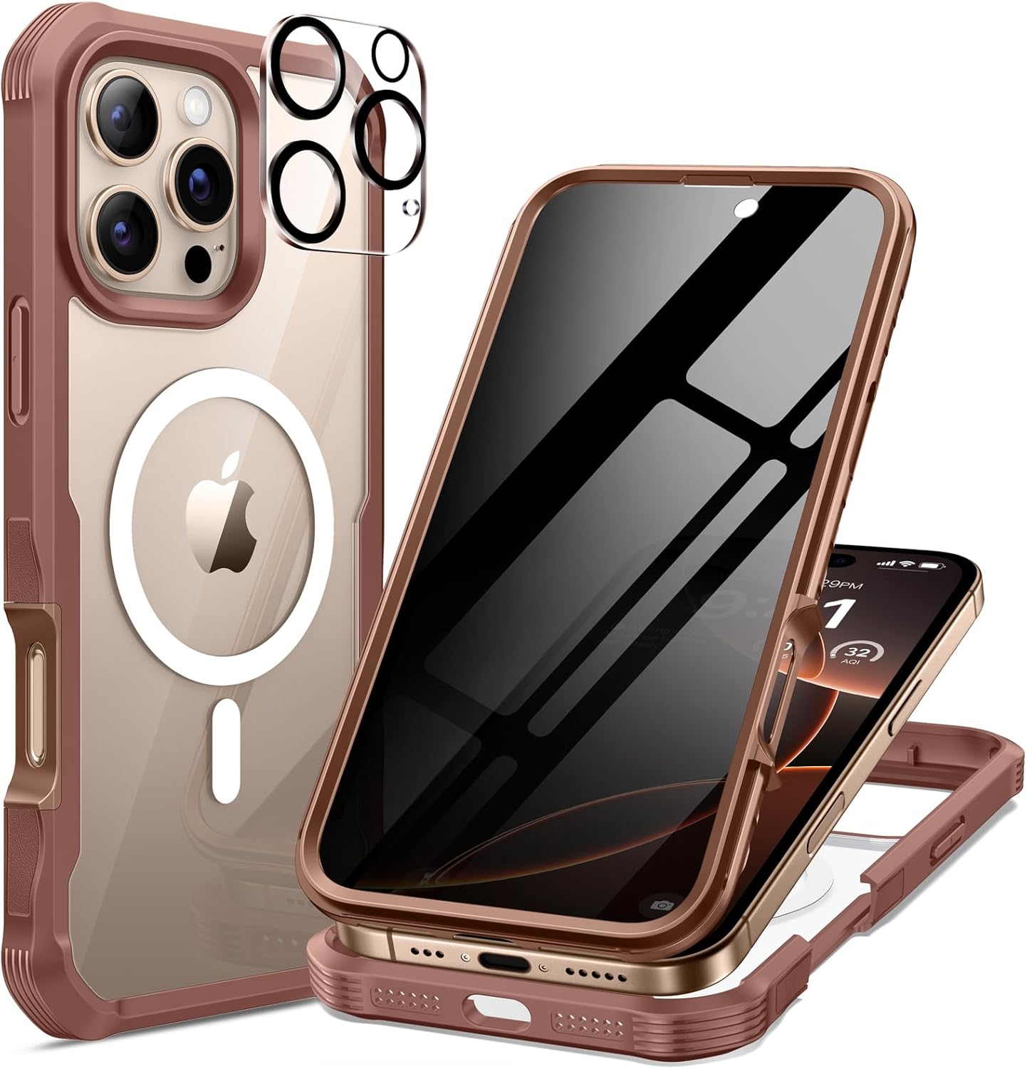 seacosmo for iPhone 16 Pro Max Case, Full Body Bumper with Built-in 9H Tempered Glass Privacy Screen Protector and Camera Lens Protector, Compatible with MagSafe, Shockproof Case, 6.9", Desert Brown