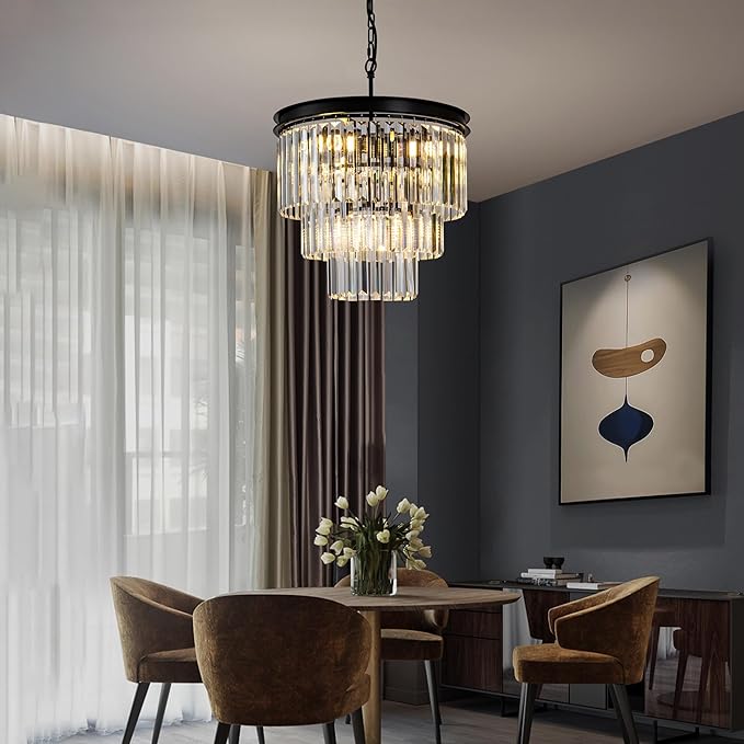 Round Crystal Chandelier 6-Lights 15.8" Black K9 Crystal Pendant Lights 3-Tier Luxury Hanging Dining Room Light Fixture for Living Room Bedroom Kitchen Island Entryway Hallway