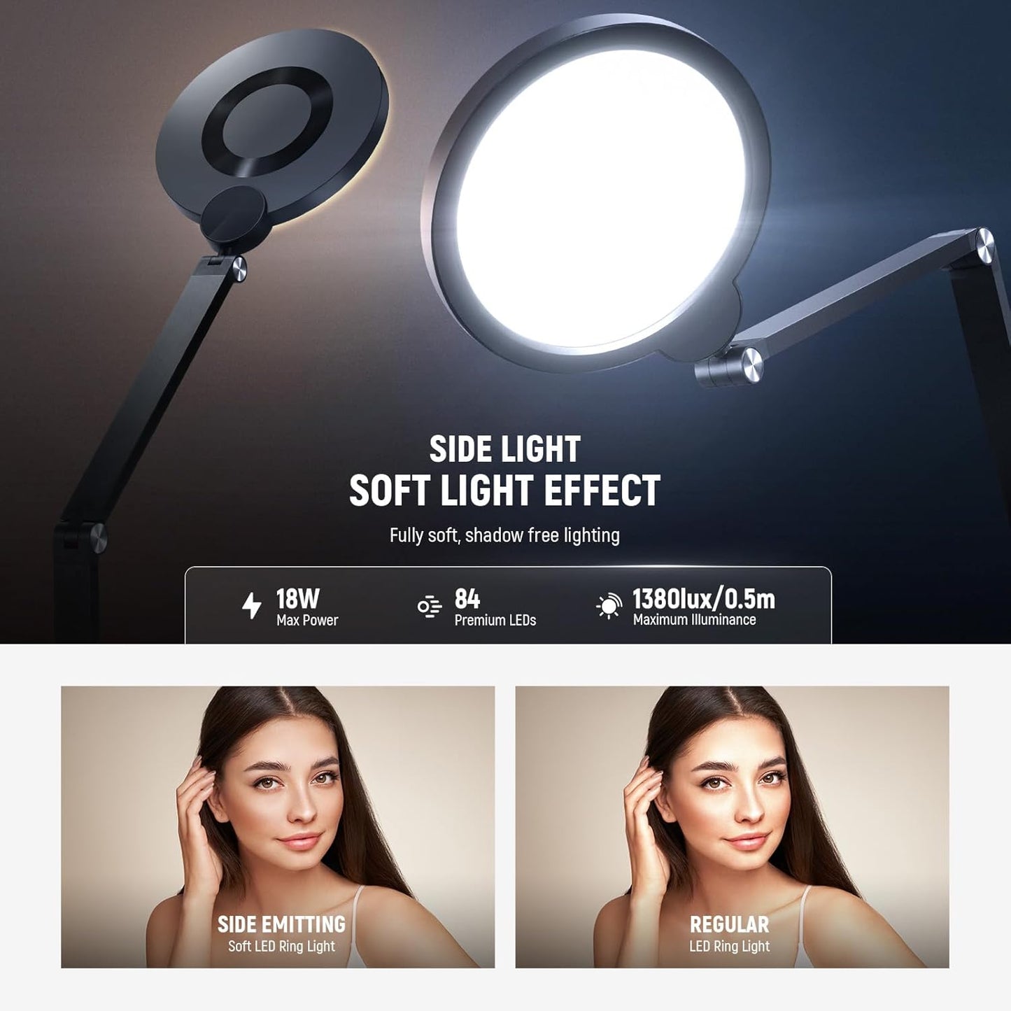 NEEWER Basics 18W 7" Desk Ring Light with Stand, Lighting for Video Conference Streaming Recording Makeup Phone Selfie Computer Laptop Zoom, Full Screen LED Circle Ringlight with Arm & C Clamp, R18