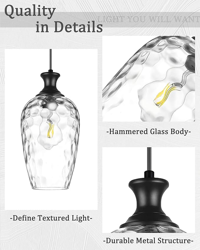 Black Pendant Lights Kitchen Island, Modern Farmhouse Hanging Ceiling Light with Hammered Glass for Dining Room Kitchen Sink