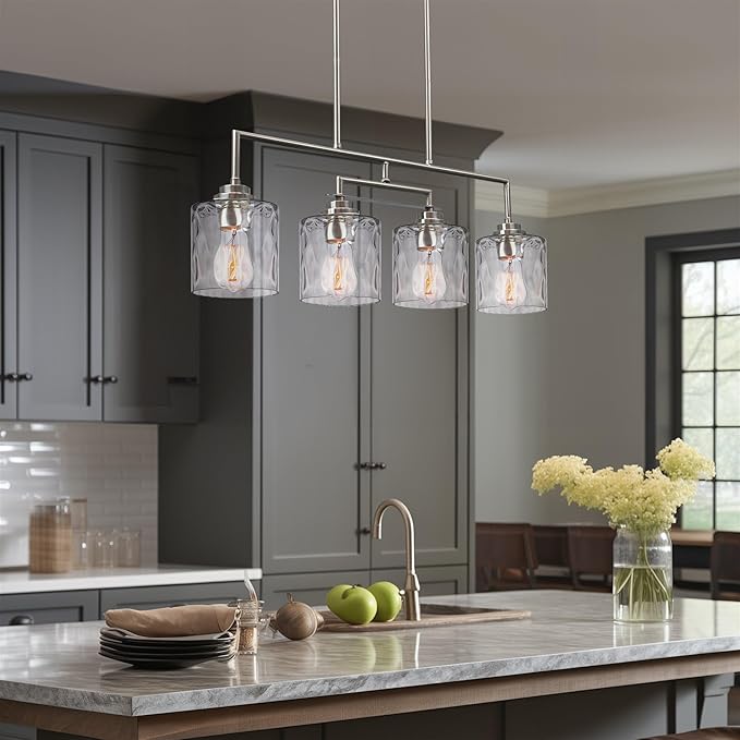 Kira Home Monroe 28" Modern 4-Light Island Light, Free Swinging Center Arm + Hammered Glass Shades, Adjustable Hanging Height, Brushed Nickel Finish