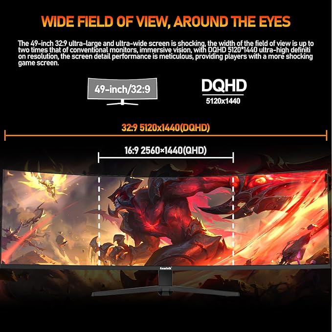 Gawfolk 49 inch Ultra-Wide Curved 1500R Gaming Computer Monitor, DQHD(5120×1440), 240Hz, 1MS, FreeSync, 120% sRGB, Height Adjustable PC Screen, HDMI2.1 & DP1.4, Compatible Wall Mount 100*100mm-Black