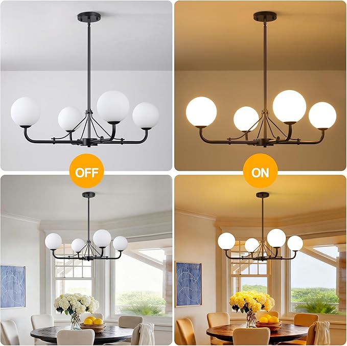 4 Lights Black Chandelier, Mid Century Modern Chandeliers for Dining Room, Hanging Sputnik Light Fixture for Living Room Kitchen Island Foyer Bedroom, Milk White Globe Glass Shade