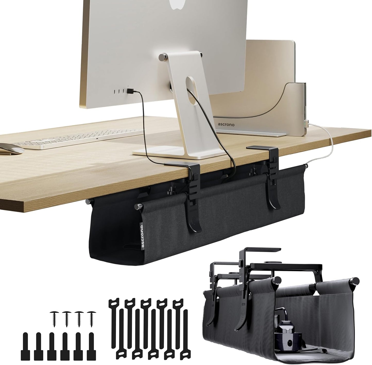 Ascrono Original No Drill Under Desk Cable Management Tray 27.3" - Premium Black Fabric Cable Management Under Desk - Clamp/Screw Mount Cord Organizer - Supports Upto 66lbs