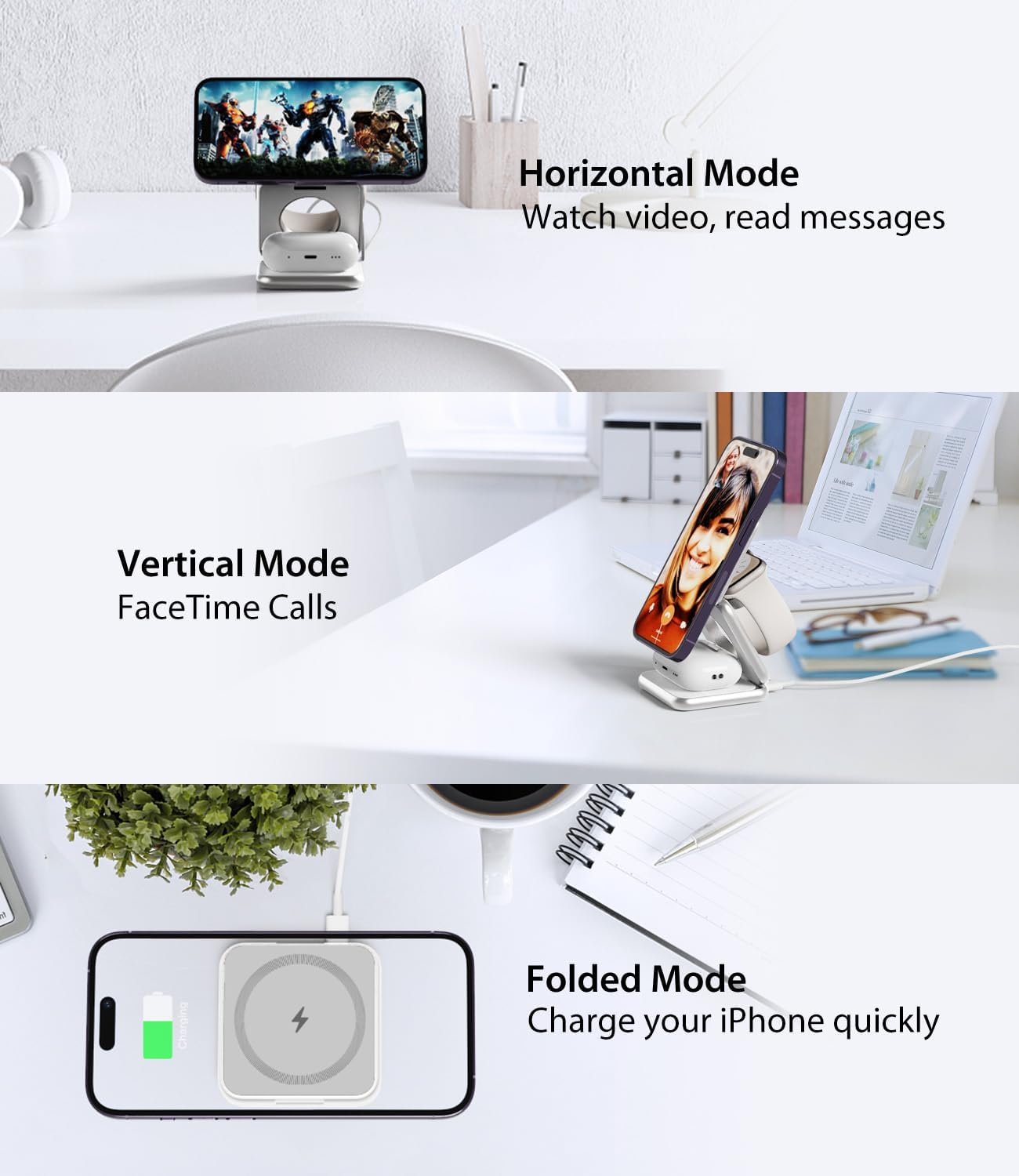 Foldable Magnetic Wireless Charger, KU XIU X40 Aluminum Alloy 3-in-1 Charging Station for Apple, Fast Charging Travel Charger for iPhone 16 15 14 13 12Series, 5W Apple Watch 1-10/Ultra, AirPods,Silver