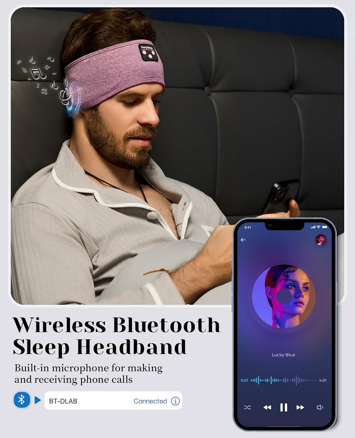 Perytong Sleep Headphones, Bluetooth Sports Headband Headphones with Ultra-Thin HD Stereo Speakers Perfect for Sleeping,Workout,Jogging,Yoga,Insomnia, Air Travel, Meditation for Unisex