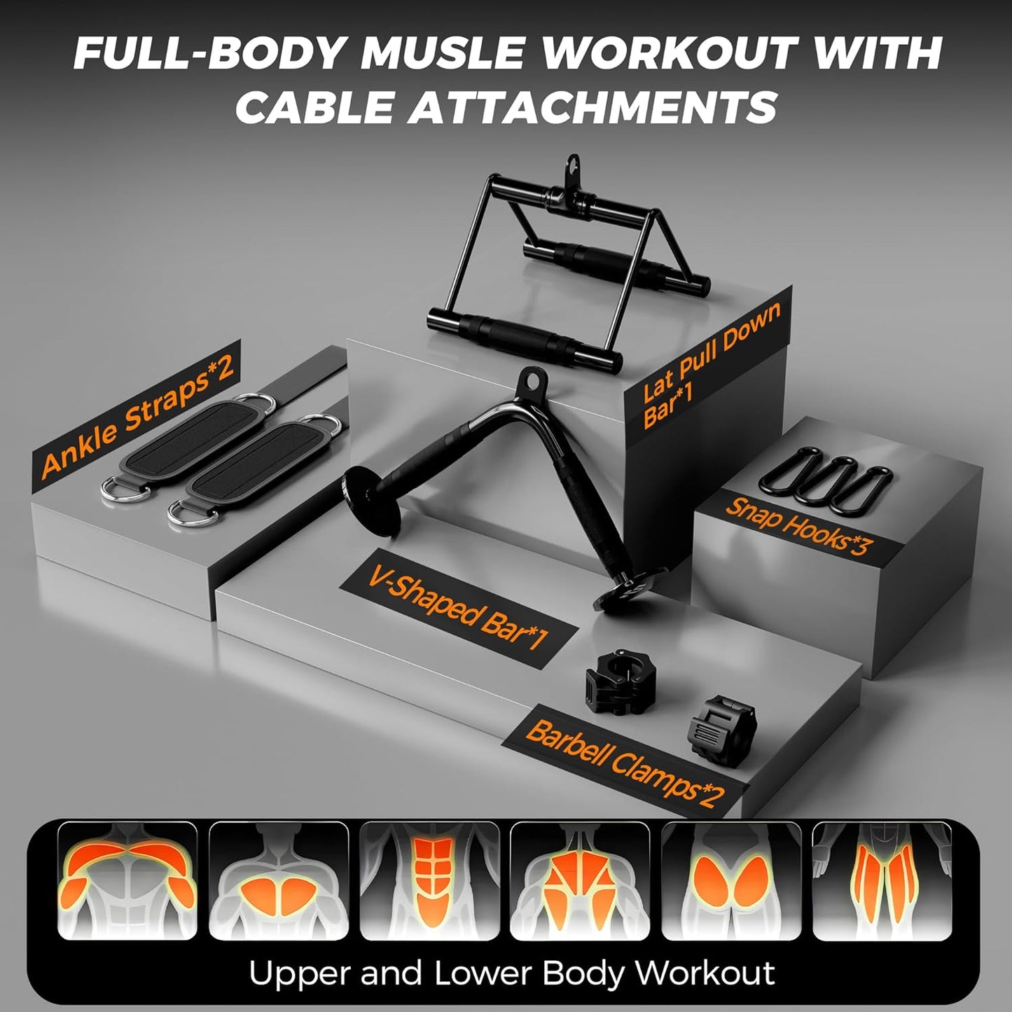 Mikolo Cable Attachments for Gym, Heavy-Duty Cable Machine Attachment Set with LAT Pulldown, V Bar, Double D Handle, Ankle Straps, and Barbell Clamps for Home Gym