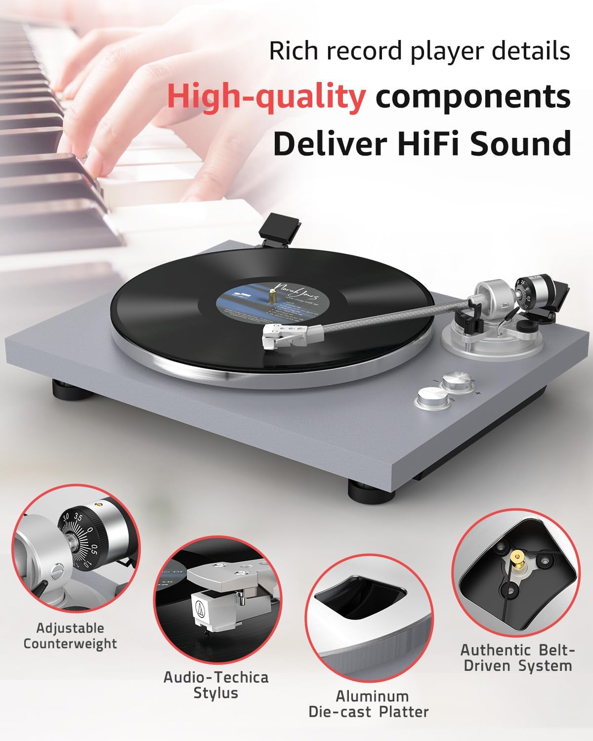 Turntable Record Player Wireless Output Carbon Fiber Tonearm Vinyl Player Aluminium Platter Belt-Drive LP Turn Tables 33 1/3&45 RPM Phono Level Audio RCA Line Output AT-3600L MM Cartridge Grey