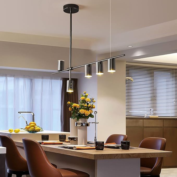 Siittoo Dining Room Light Fixture, Upgraded Dimmable LED Modern Pendant Light with Electroplated Surface, Modern Black LED Hanging Chandelier Light Fixture for Kitchen Island Dining Room,35W,5-Light