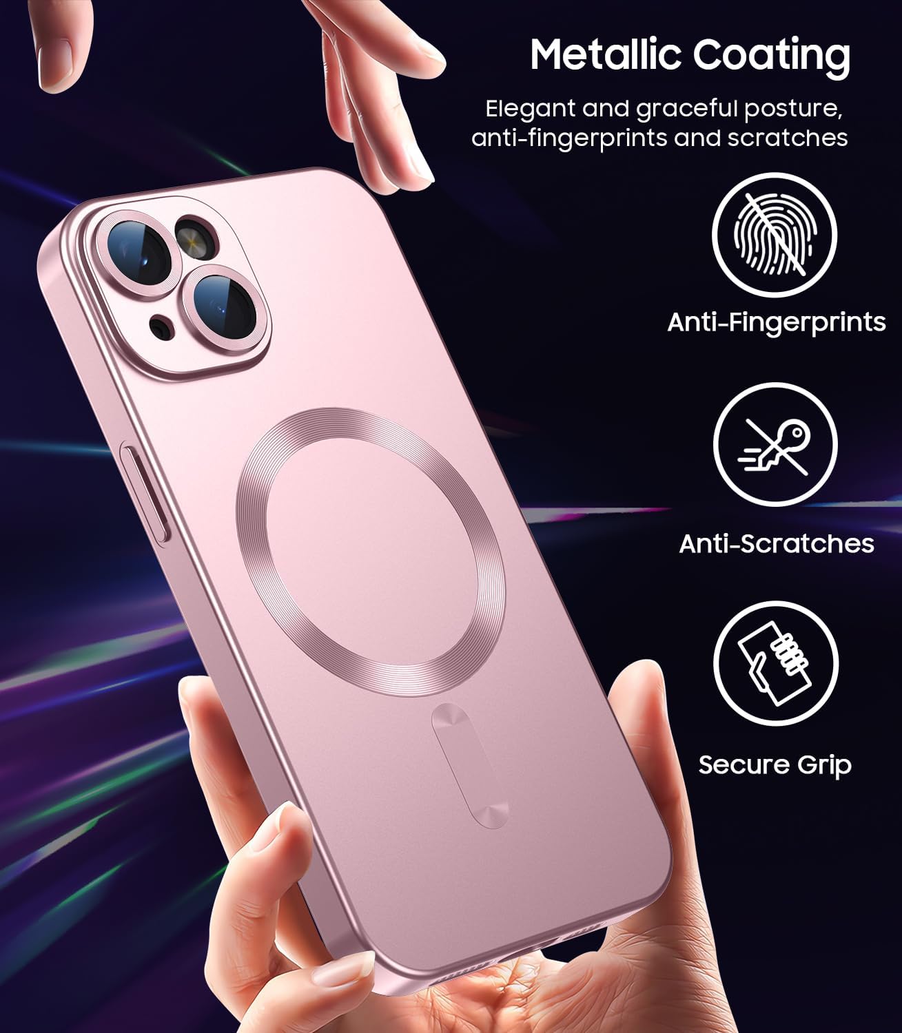 Magnetic for iPhone 14 Plus Case [Compatible with MagSafe][Built-in Camera Lens Protector] Slim Soft Silicone Bumper Shockproof Metallic Luster Phone Case (Rose Gold)